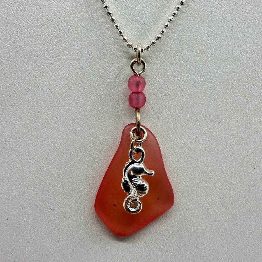 Shedd Aquarium Seahorse Necklace Pink Sea Glass Silver Tone Coastal Beachy Gift